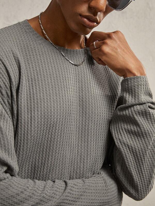 AKNOTIC Party Men's Casual Loose Fit Drop Shoulder Knit Crew Neck T-Shirt, Suitable For Everyday Wear