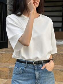 DAZY Women's Loose Crew Neck T-Shirt, Casual Solid Color, Minimalist & Fashionable For Daily Wear