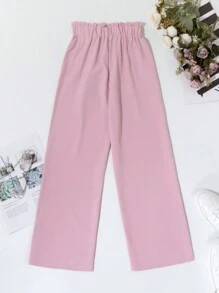 SHEIN Tween Girl Fashionable Versatile Navy Blue Straight Leg Pants With Bow Waist Belt, Suitable For Everyday Wear - Dusty Pink - View 2