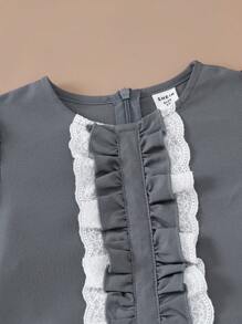 PrepCrw Young Girls' Autumn/Winter College Style Navy Blue Lace Trim Woven A-Line Ruffle Hem Decor Dress