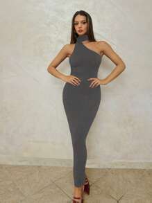 SHEIN BAE 女士秋冬不对称肩部珍珠装饰修身长款晚礼服、派对/舞会礼服