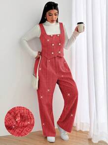 Flirla Plus Size Sleeveless Contrast Color Lapel Button Woolen Vest & Pants Suit, Casual, Work, Party, Date Elegant Outfit For Autumn/Winter For New Year Clothes