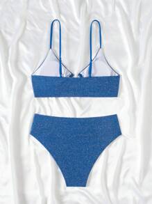 SHEIN Swim Conjunto de bikini elegante con tirantes finos y acabado brillante para mujeres, ideal para el verano