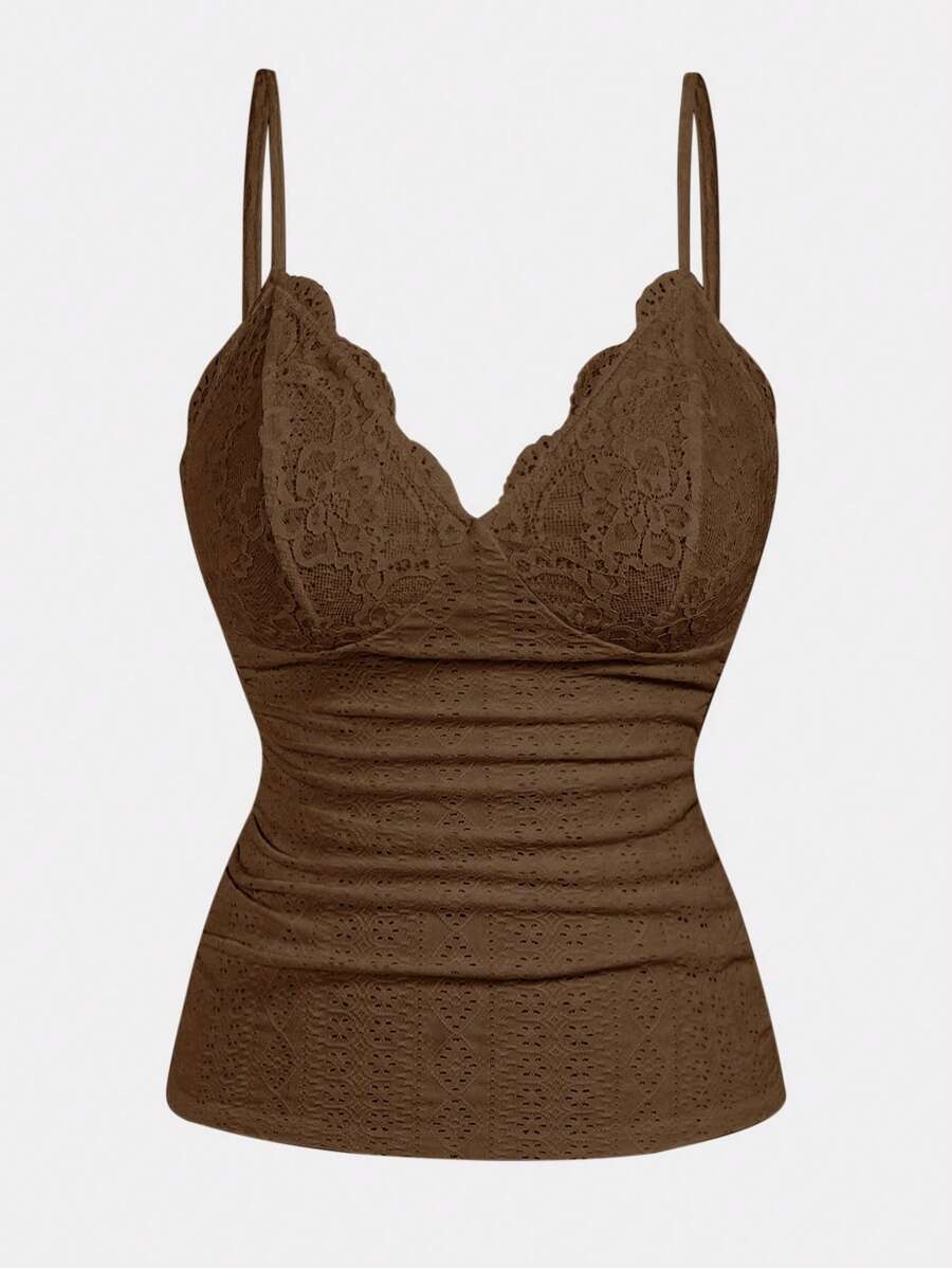 Sweetra Plus Size Casual Solid Color Lace Splicing Spaghetti Strap Top - Brown - View 1