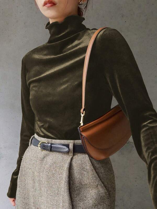 FRIFUL Camiseta feminina casual de veludo com gola alta e manga comprida, cor sólida, outono/inverno, roupas femininas de outono