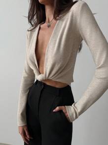 Aloruh Élégant Top pull abricot avec décolleté plongeant sexy et décoration torsadée, t-shirt manches longues polyvalent