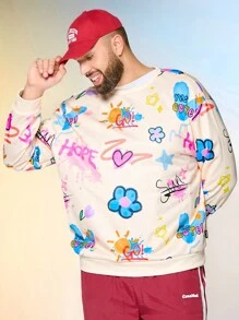 Manfinity VCAY Plus Size Men's Loose Floral And Letter Print Long Sleeve Going Out Graffiti Crew Neck Casual Sweatshirt, For Friends, Husband, Boyfriend Gifts, For Fall Winter - Apricot - View 3