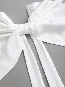 Sweetra Ruched Satin Bow Blouse With Detachable Bow Accent, Elegant Puff Sleeve Shirt For Classy Lady, Autumn/Winter For Holiday Party Clothes Peplum Top - White - View 6