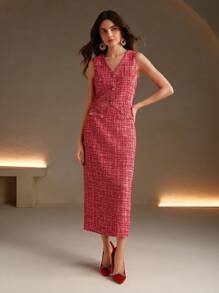 Anewsta 2 件套优雅女士格子单排扣背心和长款中裙新年服装 - 紅色 - 查看 4