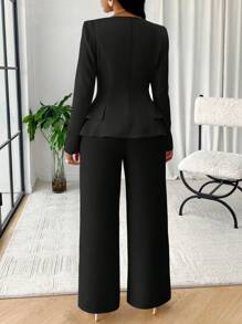 SOLERSUN Solid Color Square Neck Double Breasted Flap Detail Blazer - Black - View 2