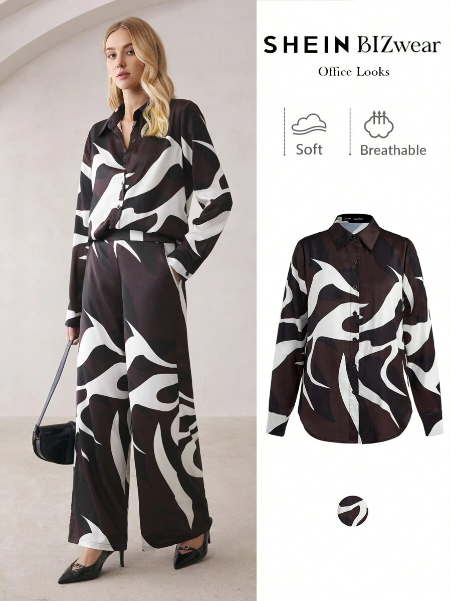 BizChic Áo sơ mi in satin cho nữ, áo cánh công sở cho mùa xuân/hè, tiệc Giáng sinh, lễ Tạ ơn, năm mới thanh lịch - Cà phê nâu - Xem 1