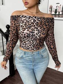 Calvaya Women's Open Shoulder Leopard Print Ruffle Trim Bodycon T-Shirt Graphic Cheetah Print Tees Women Tops