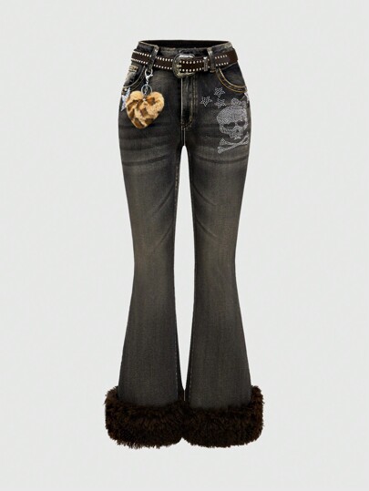 J-Fashion Women's Y2K Gyaru Harajuku Girl Rhinestone Skull & Star Pattern Sexy Flared Jeans (With Belt)