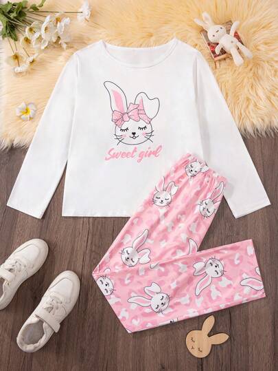 Niedlicher Kaninchen-Muster Mädchen Pyjama Set