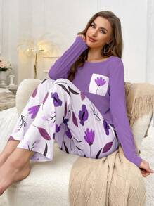 Printed Pocket Long Sleeve Top And Printed Pants Pajama Set, Fall Winter Clothes - Purple - View 7