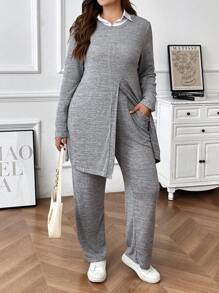 SHEIN LUNE Set de 2 piezas de top y pantalones de unicolor con cuello redondo para mujer talla grande, otoño/invierno - Gris - Ver 7
