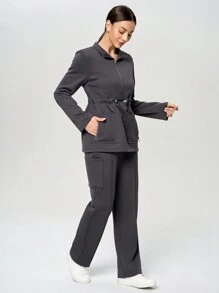 Scrubzie Women's Warm Multi-Pocket Long Sleeve Sweatshirt And Pants Nursing Scrub Uniform Set, Autumn/Winter