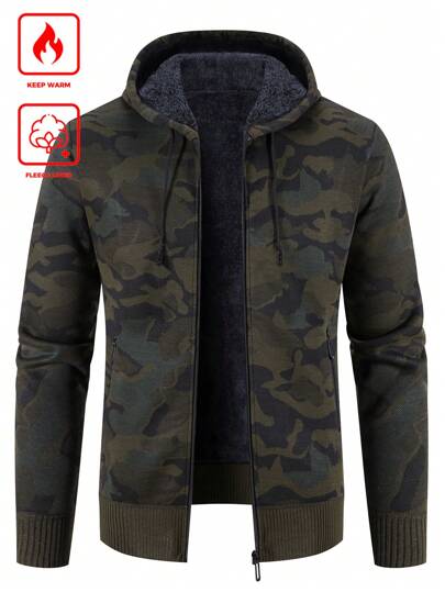 كارديجان كاجوال بطبعة كامو مبطن بالتيدي مع قلنسوة، كارديجان سميك للخروج، كارديجان بألوان متباينة، هدية للزوج أو الحبيب في فصلي الخريف والشتاء