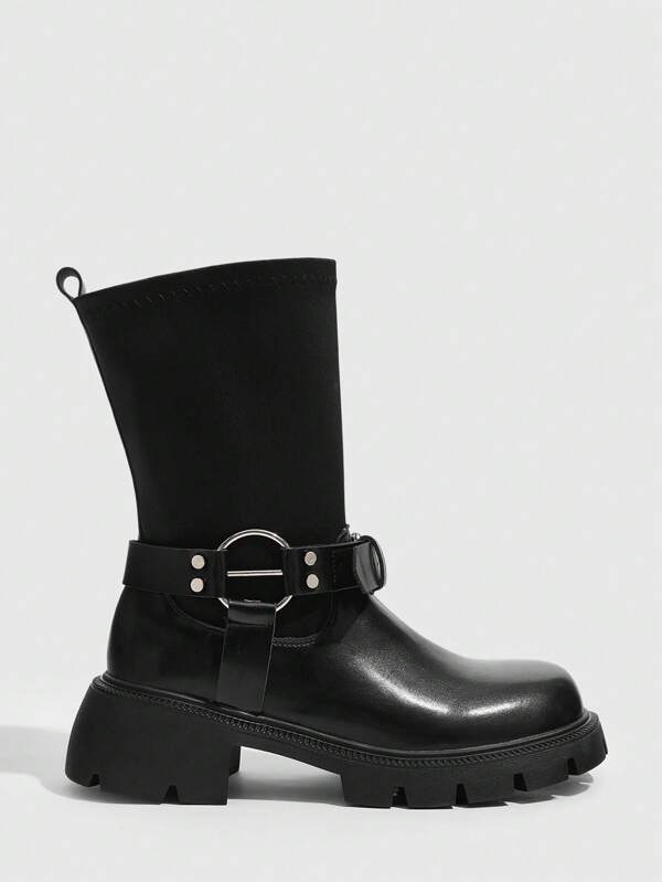 Cuccoo CUCCOO GRLICON Women's New Style Round Toe Square Heel Thick Sole Ankle Boots With Buckle Belt Design, Ladies Short Boots New Year Holiday