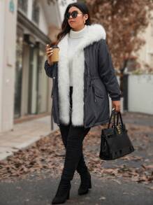 Calvaya Plus Size Plush Patchwork Casual Long Sleeve Drawstring Fleece Padded Padded Coat Clothes Winter - Dark Grey - View 5