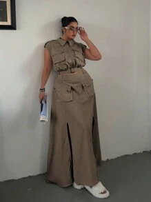 POPSWAY 2 Peças/Conjunto Cropped Top sem Mangas com Zíper e Saia com Bainha Fendida