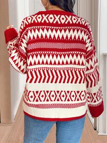 Elenzga Plus Size Casual Christmas Geometric Pattern Pullover Sweater For New Year Knit Pullover Fall Winter - Red - View 2