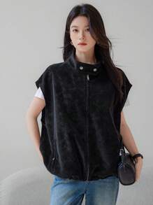 Dazy-Less Áo khoác vest PU rộng rãi, thường ngày cho nữ, thiết kế tối giản, quần áo mùa thu - màu đen - Xem 3