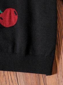 Mädchen Niedlicher Kirsch-Grafik Strickpullover, modischer lässiger Langarm Rundhals Pullover für Tween-Mädchen Herbstkleidung - Schwarz - Übersicht 4
