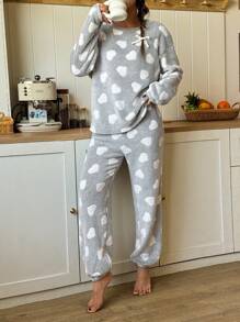 SHEIN Dozemod Teen Girl & Teen Girls Fall/Winter Minimalist Casual Heart Print Crew Neck Long Sleeve Top And Pants Soft Comfortable Loose Flannel Pajama Set 2Pcs - Light Grey - View 3