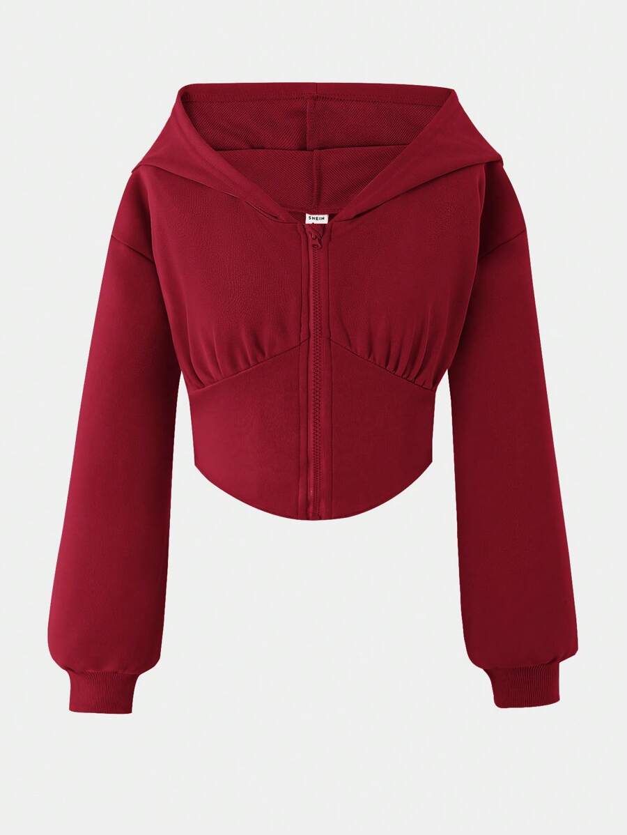 SHEIN 少女休闲街头风收腰卫衣,少女款 - 酒紅色 - 查看 1