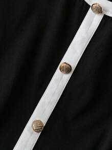 GlowEve 女士秋冬休闲时尚 T 恤，短款仿纽扣领，长袖，圆领，袖口、下摆和荷叶边喇叭袖采用拼色拼接设计，黑色和杏色针织面料，优雅图案 T 恤，适合春季的女士上衣