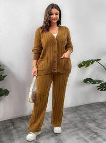 Calvaya Conjunto de top minimalista de manga larga con botones y bolsillo y pantalones en unicolor para tallas grandes