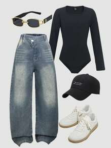 SHEIN Mono negro ajustado y jeans casuales de pierna ancha con cintura asimétrica suelta, diseño versátil de moda para uso diario para adolescentes chicas