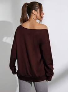 Flirla 1 pieza Sudadera casual con hombros descubiertos con letras en inglés de estilo elegante