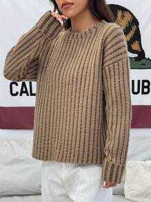 Flirla 宽松美式条纹印花长袖套头毛衣，秋冬款 - 彩色 - 查看 5