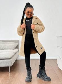 SHEIN Áo len cardigan midi lót nhiệt ấm áp cho bé gái tuổi mới lớn, cổ bẻ cài nút, thu/đông - Màu be - Xem 3