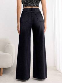 SHEIN Essnce Jeans anchos casuales sencillos con bolsillos y botones frontales para mujer