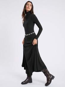 SHEIN EZwear 女士秋冬高领修身长袖罗纹腰部修饰及地优雅连衣裙 - 黑色 - 查看 5