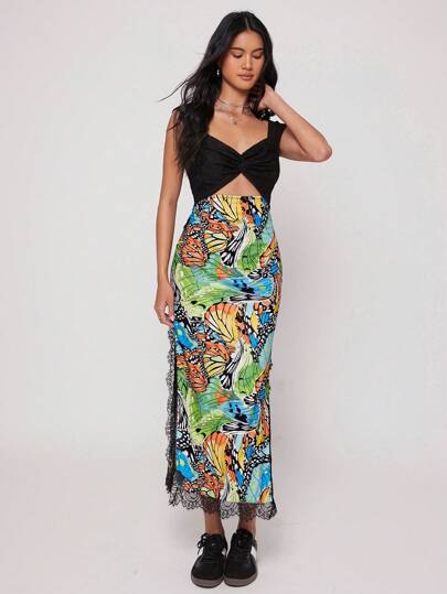 Animal Planet X SHEIN Women Contrast Lace Butterfly Print Long Dress