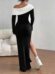 Flirla Women's Fashionable Bodycon Sexy Contrast Color Asymmetrical Neck High Slit Sweater Dress Fall Cloth For Women - Multicolor - View 2