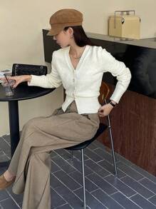 DAZY Women Solid Color Button Front Long Sleeve Casual Top, Autumn Daily Wear,Fall Women Clothes - White - View 4