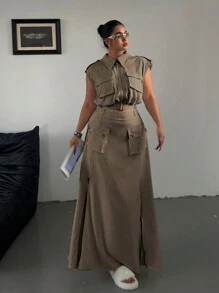 POPSWAY 2 Peças/Conjunto Cropped Top sem Mangas com Zíper e Saia com Bainha Fendida