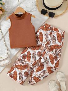 SHEIN Conjunto de 2 piezas de camiseta y pantalón holgado de cintura elástica para niñas pequeñas, ideal para verano, playa, viajes y vacaciones