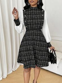 SHEIN Lady Vestido elegante de mujer con diseño de puntadas blancas en el bajo, adornado con hebilla metálica con estampado de tweed - Blanco y Negro - Ver 4