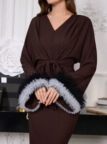 Modelyn Women's Elegant Mesh Contrast Bell Sleeve Dress Maxi Women Outfit Long Evening Dresses Fall Cloth For Women - Brown - View 2