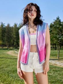 Skyraze Women Casual Everyday Ombre Color Knit Cardigan Vest,Gradient Pattern