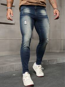 Manfinity Homme Men's Dark Blue Washed Elastic Denim Skinny Jeans - Dark Wash - View 3
