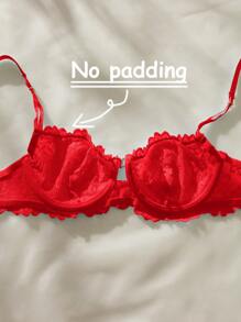 Bra con aros de encaje floral, lencería sexy - Rojo - Ver 3
