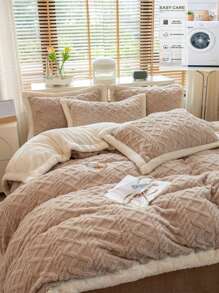 3pcs Beige Velveteen & Coral Fleece Duvet Cover Set, Reversible Blanket Without Filling, Machine Washable - Khaki - View 8