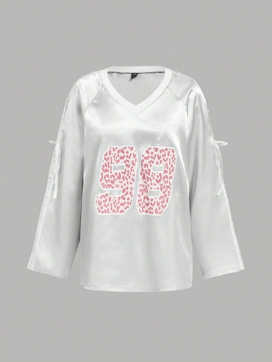 SHEIN MOD Silver Metallic Letter Ballerina Style Bow Graphic T-Shirt,Winter Women Clothes, - Silver - View 1